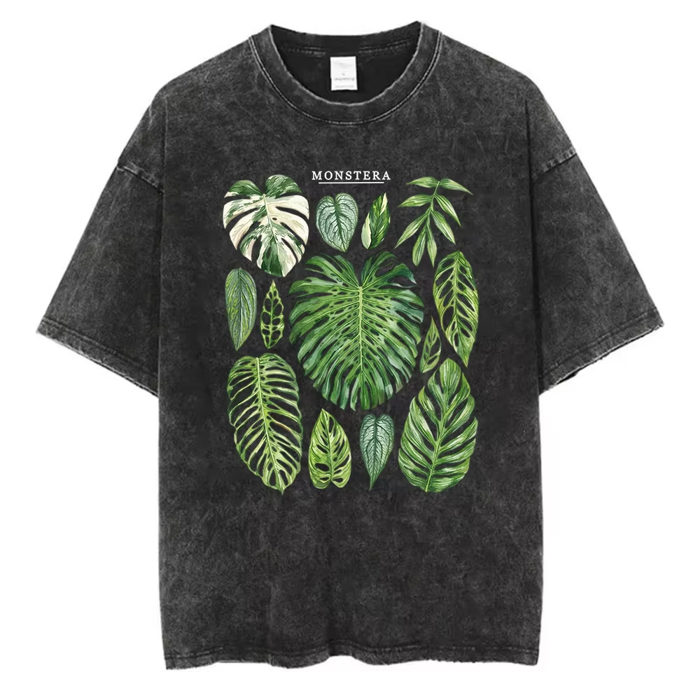 Acid Wash Vintage Graphic T Shirt - Kaos Grafis Daun Monstera Katun Cuci