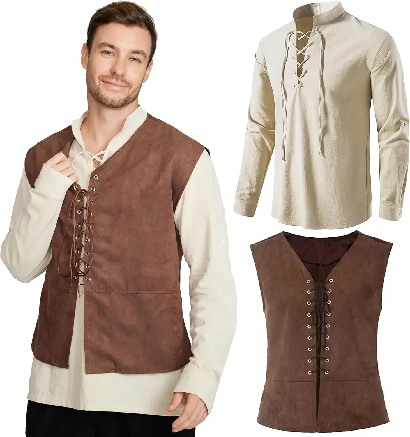 Medieval Gothic Lace Up Pirate Shirt - Set 2-Potong Rompi Bajak Laut Abad