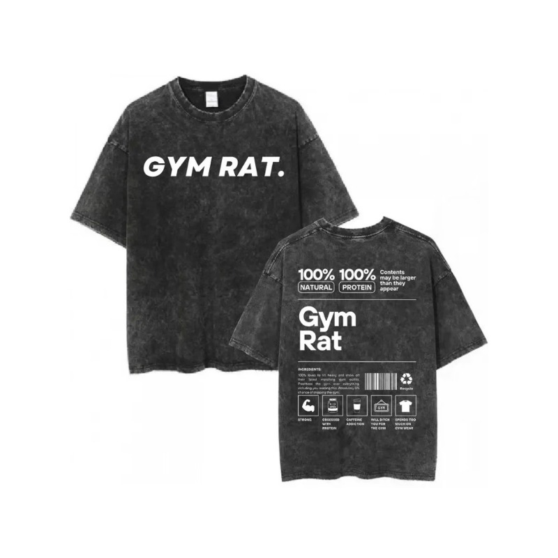 Acid Wash Vintage Graphic T Shirt - Kaos Vintage Gym Rat, Model Longgar,