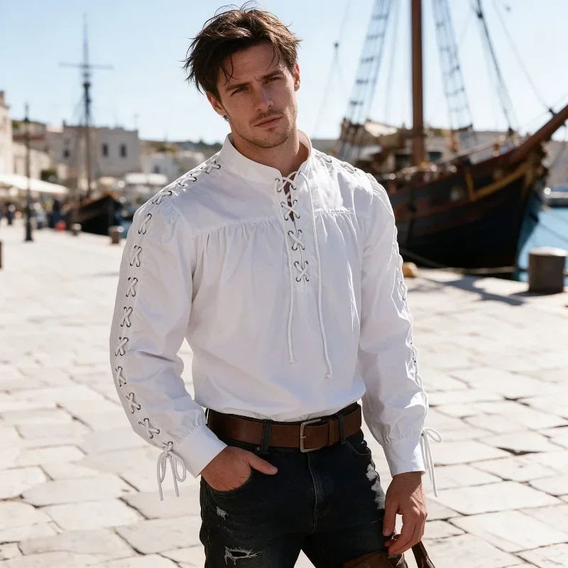 Kemeja Bajak Laut Abad Perteng - Medieval Gothic Lace Up Pirate Shirt ulasan dan harga
